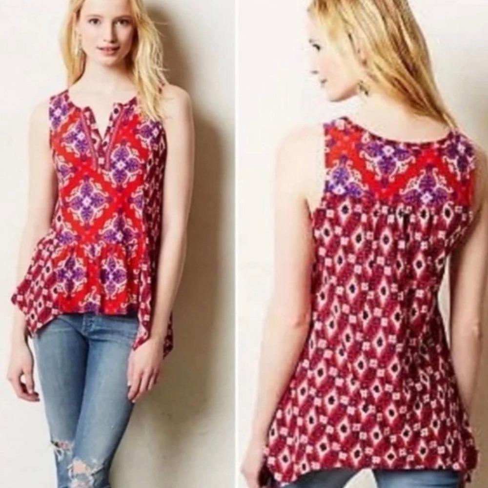 Akemi + Kin Red Geometric Peplum Sharkbite Tank Top Women Small Boho Mix Print